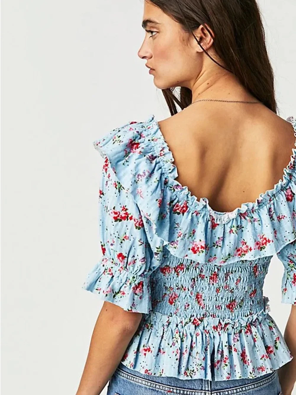 FREE PEOPLE Favorite Girl Blue Floral Ruffle Cropped Blouse